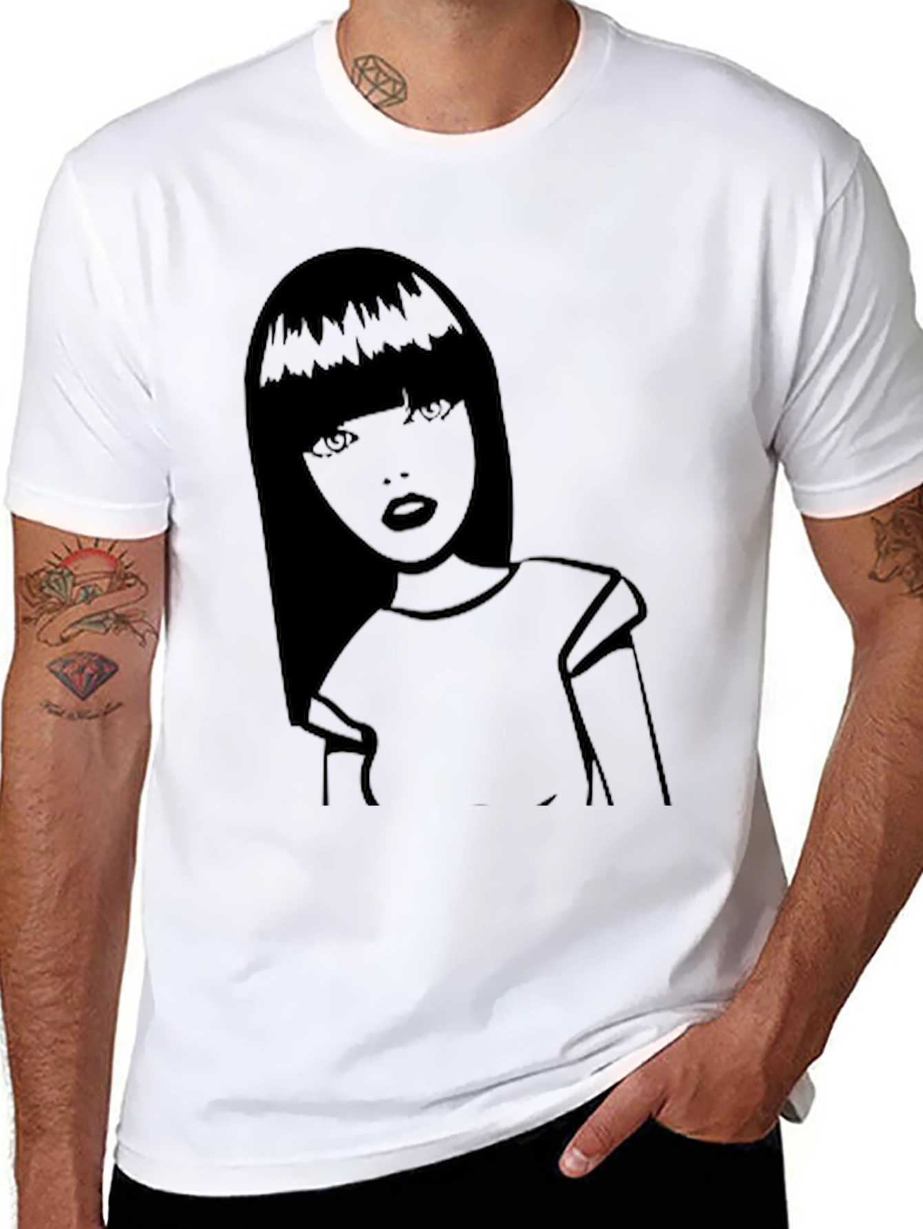 Graphic Tee - Stylish Girl Print Black Cotton Shirt