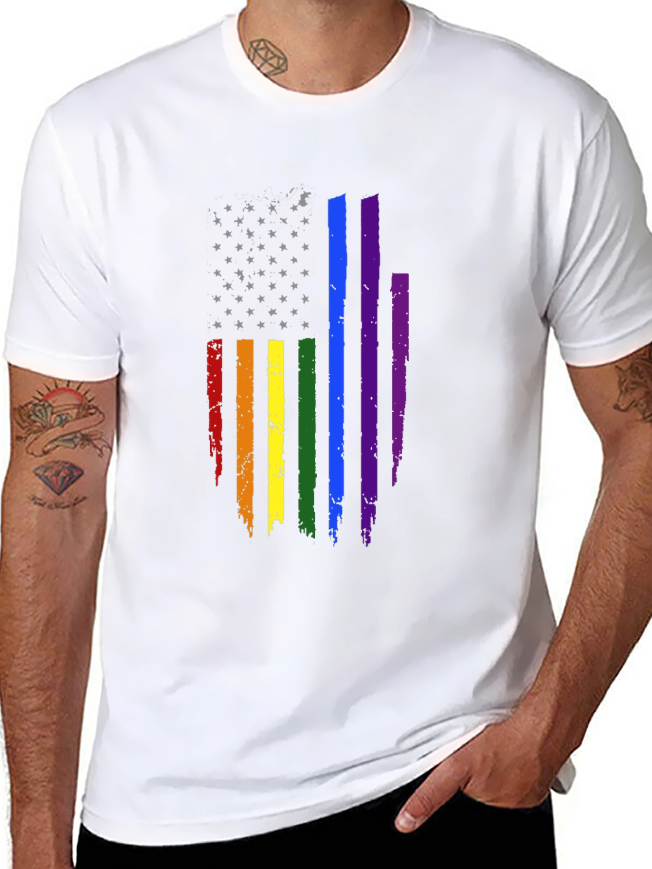 Pride Flag Distressed Tee - Black