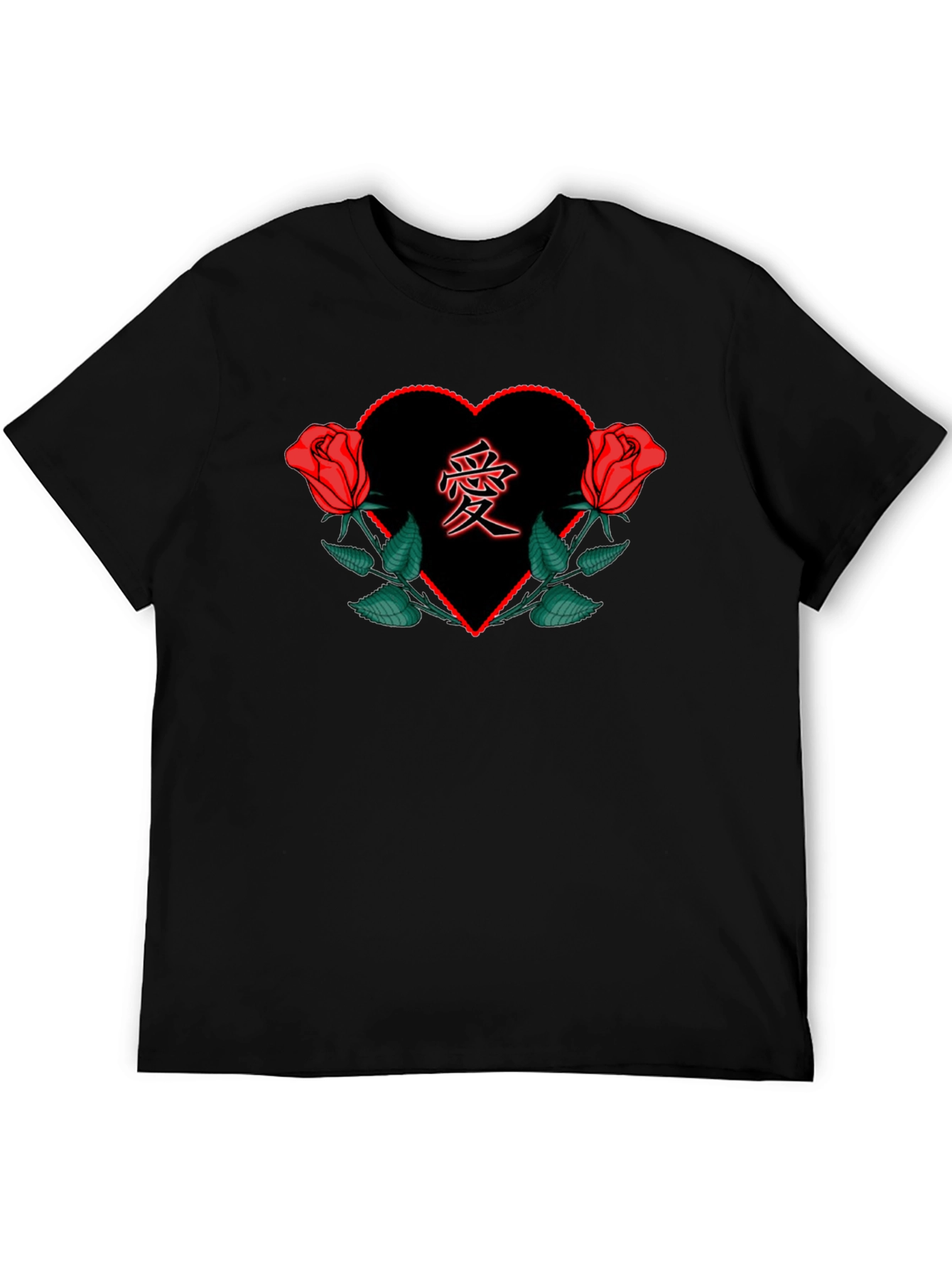 Red Rose Heart Love Graphic Black Tee