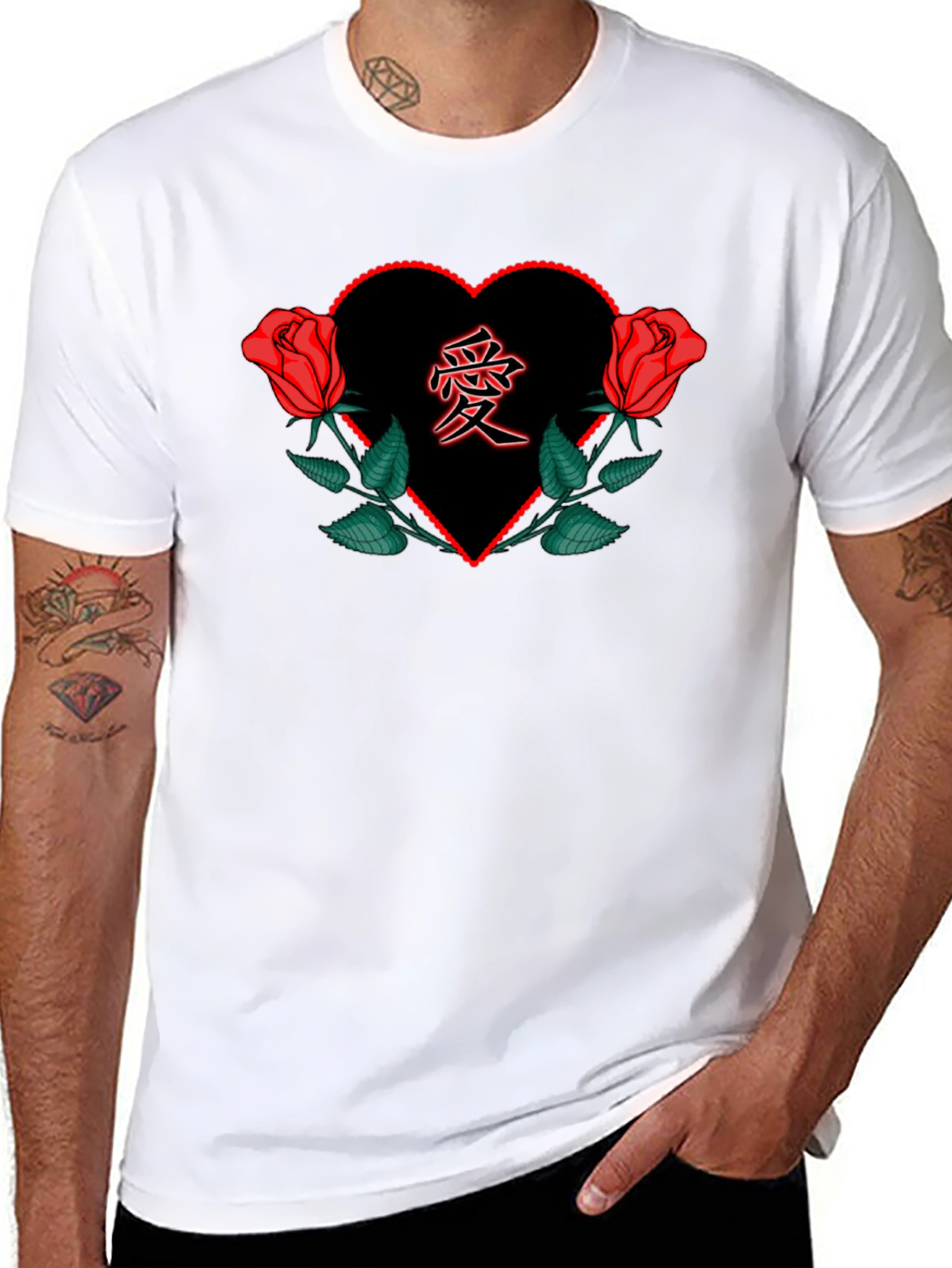 Red Rose Heart Love Graphic Black Tee