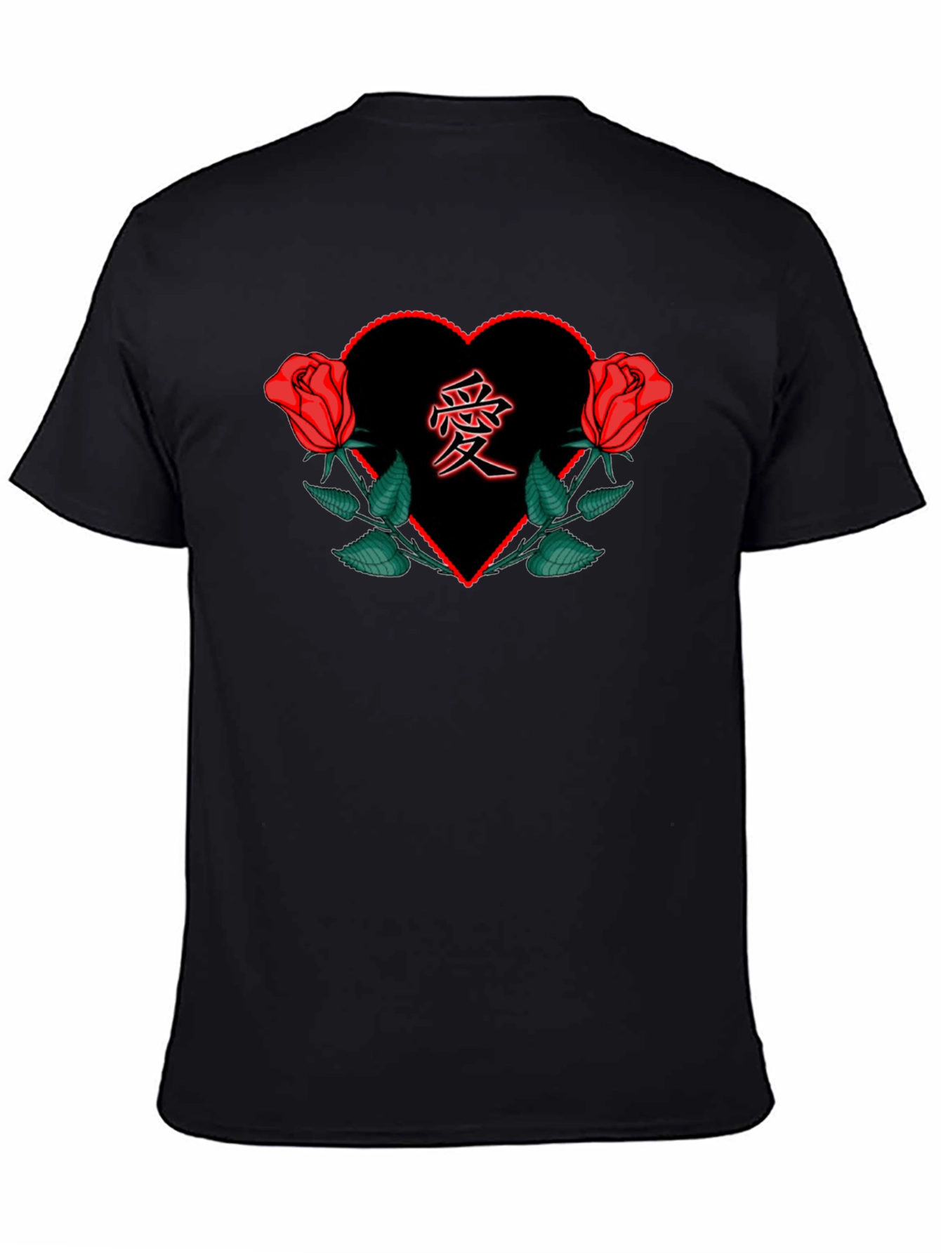 Red Rose Heart Love Graphic Black Tee