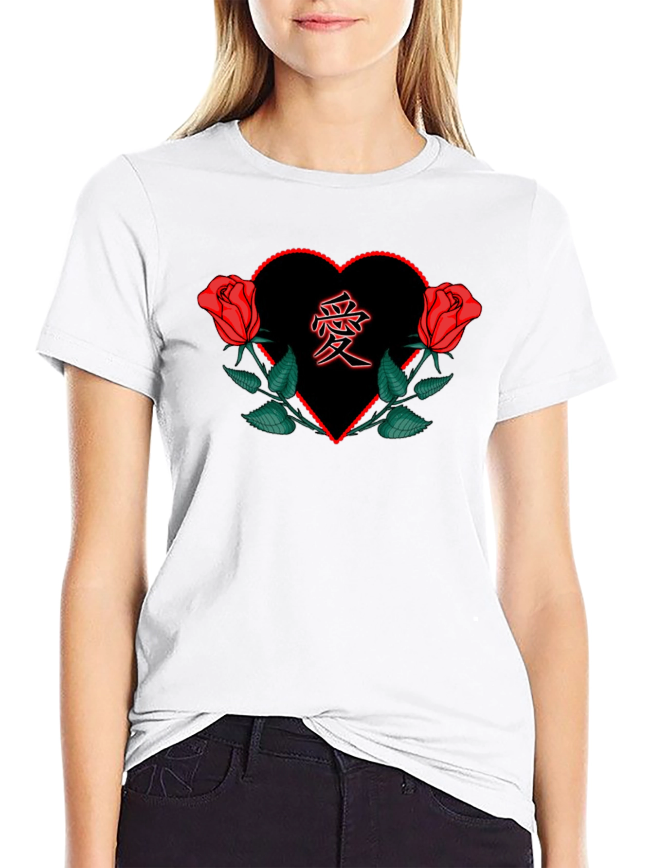 Red Rose Heart Love Graphic Black Tee