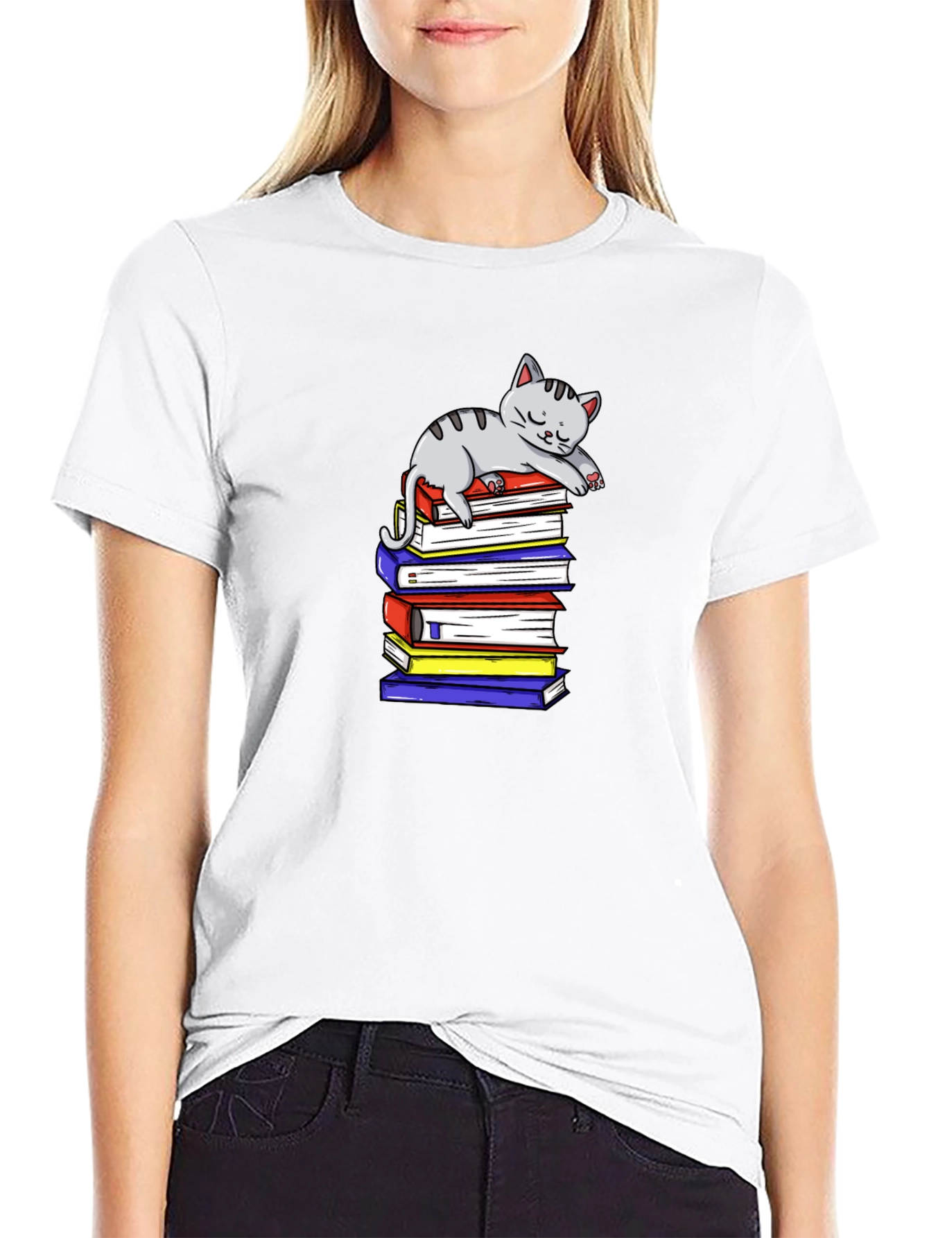 Cute Cat on Books T-Shirt - Book Lover Apparel