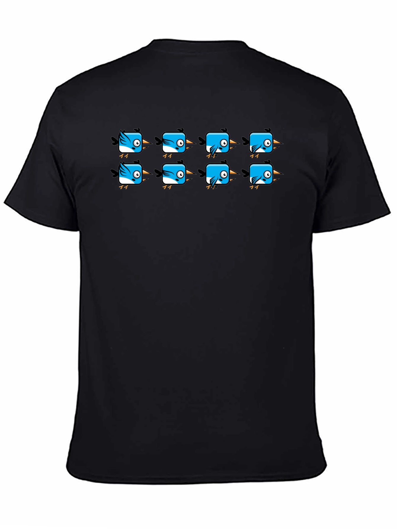 Cute Blue Bird Pattern Black T-Shirt