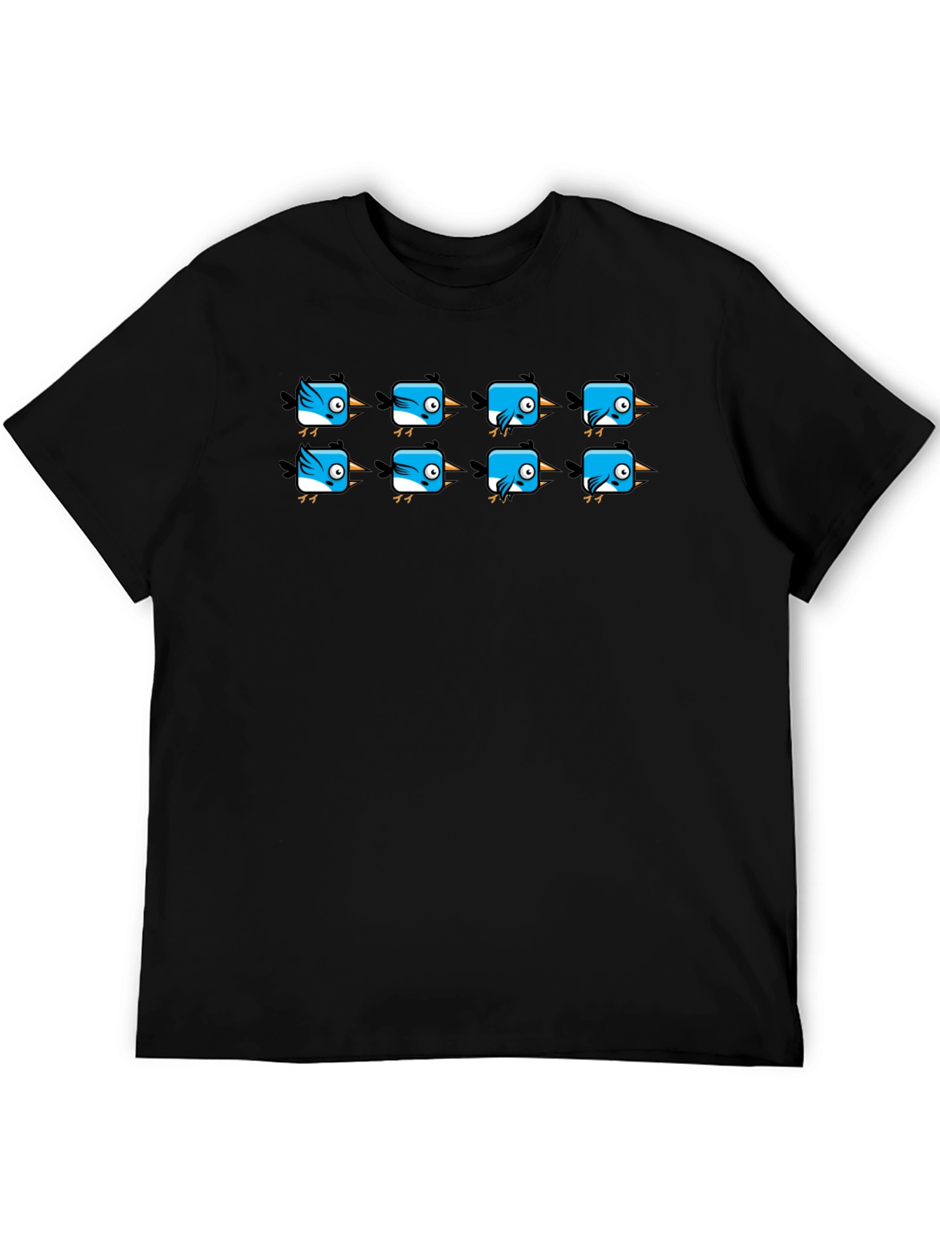 Cute Blue Bird Pattern Black T-Shirt