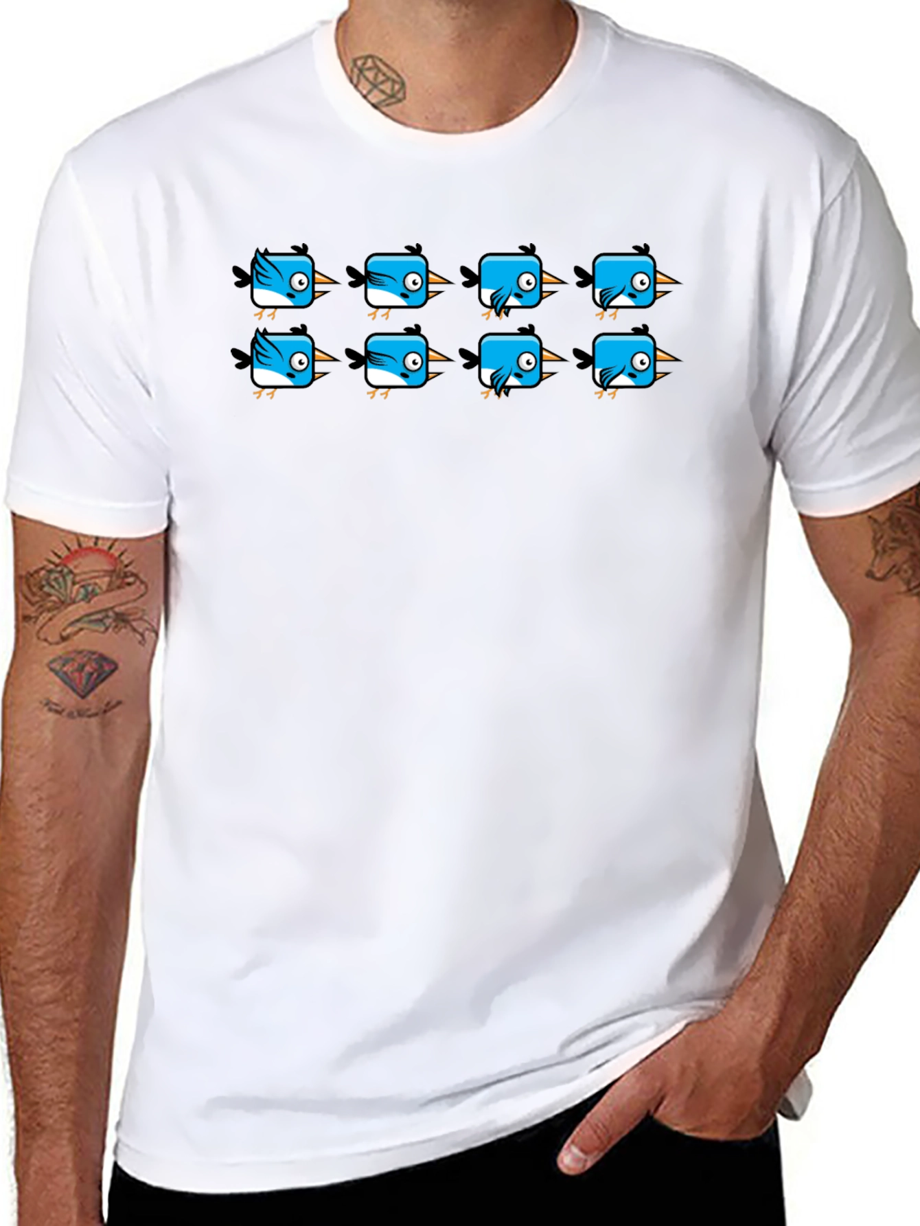 Cute Blue Bird Pattern Black T-Shirt
