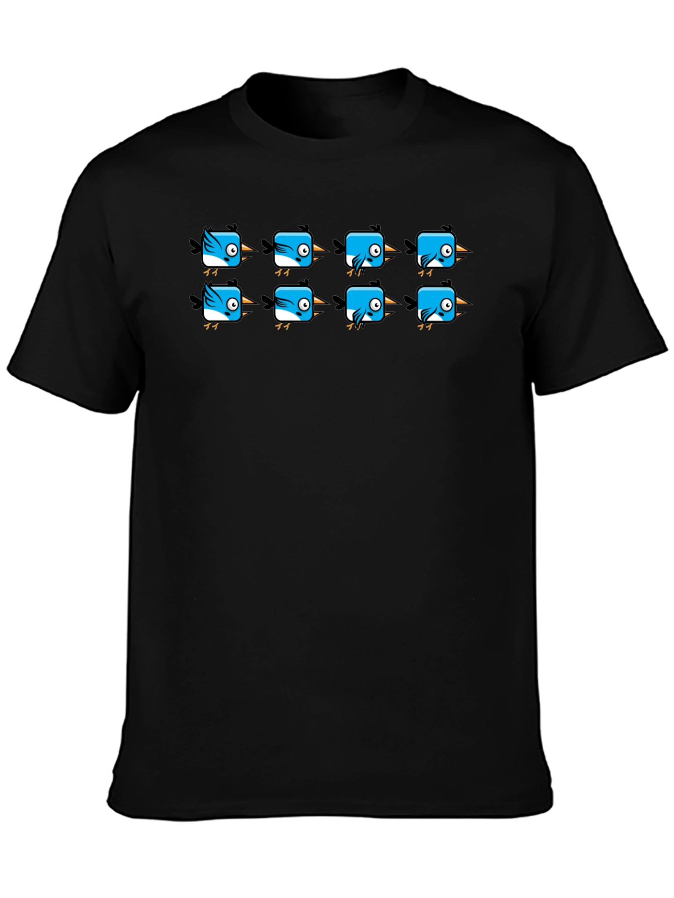 Cute Blue Bird Pattern Black T-Shirt