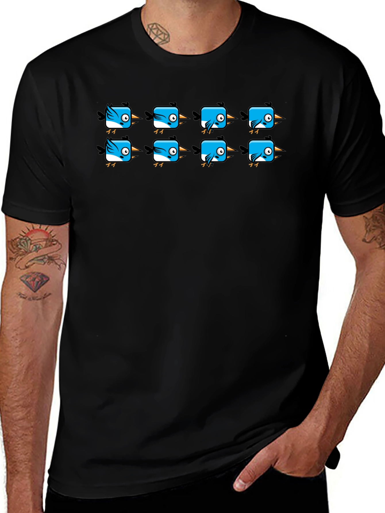 Cute Blue Bird Pattern Black T-Shirt