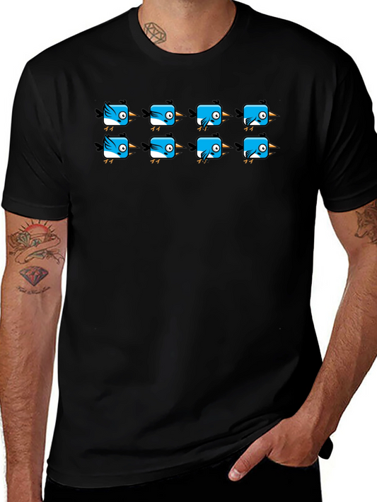 Cute Blue Bird Pattern Black T-Shirt