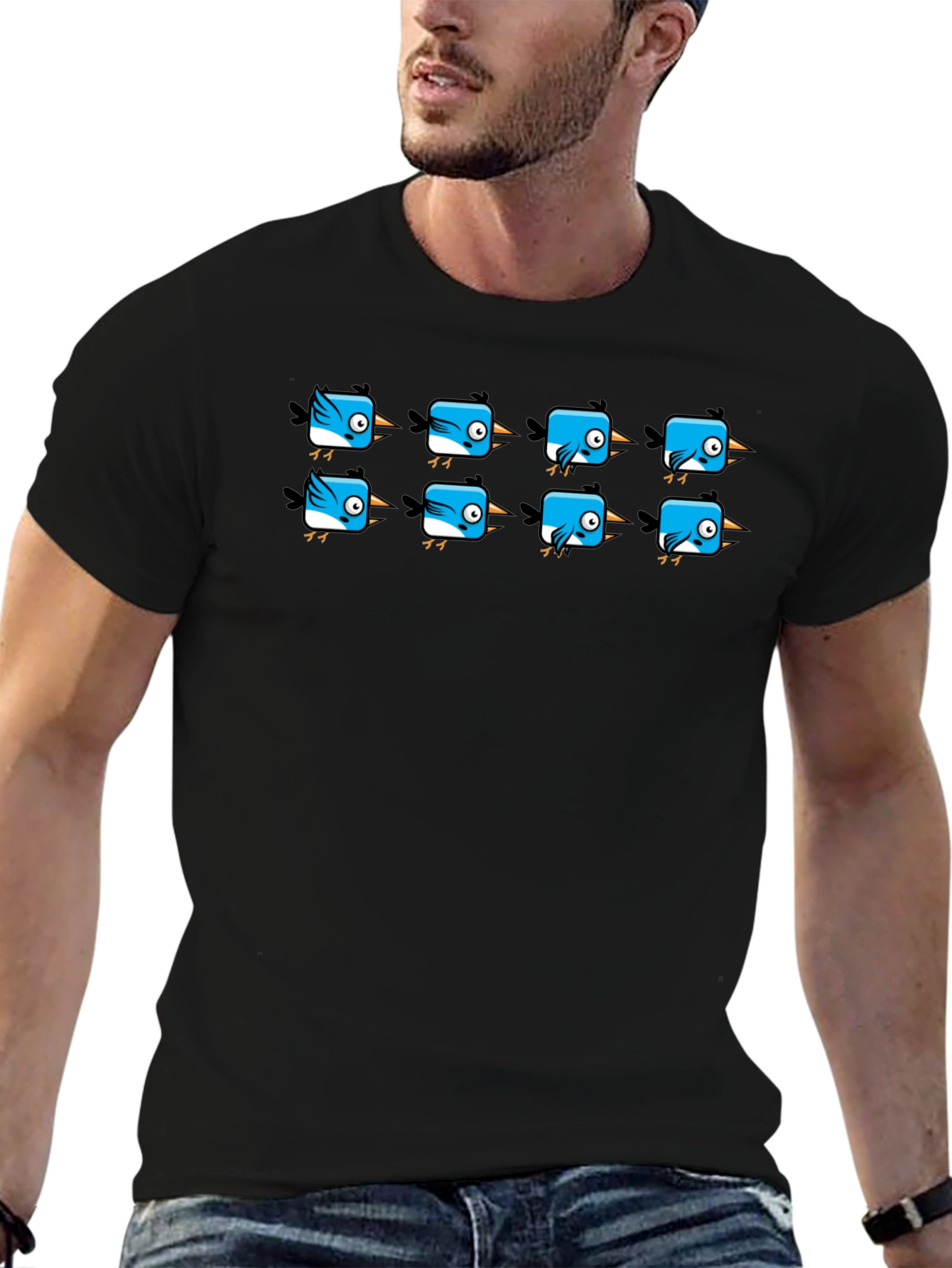 Cute Blue Bird Pattern Black T-Shirt