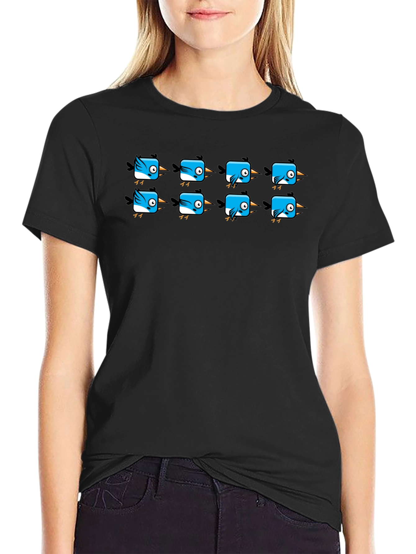 Cute Blue Bird Pattern Black T-Shirt