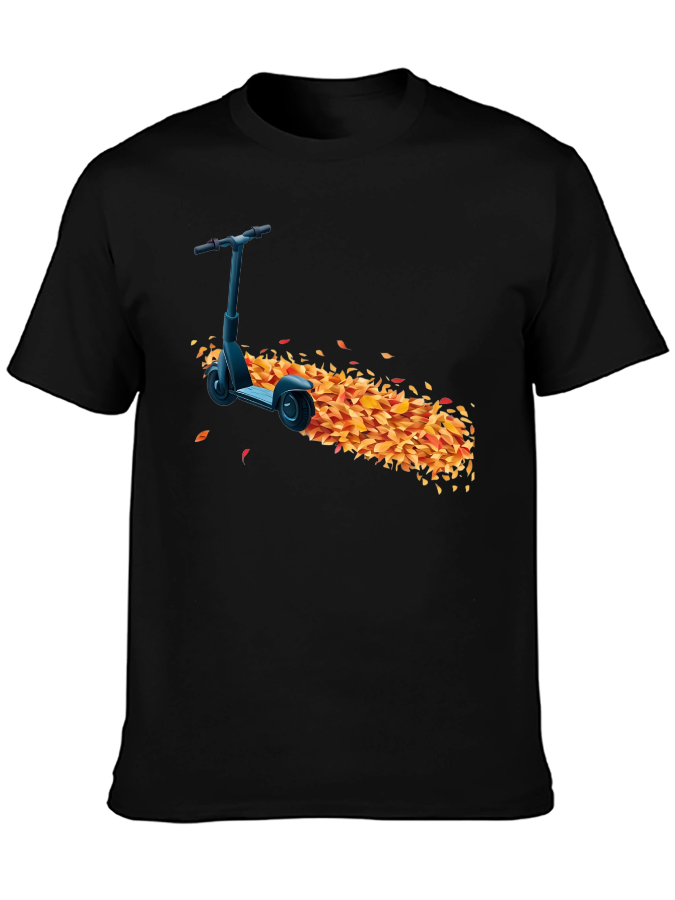Stylish Black T-Shirt with Scooter & Leaves Design