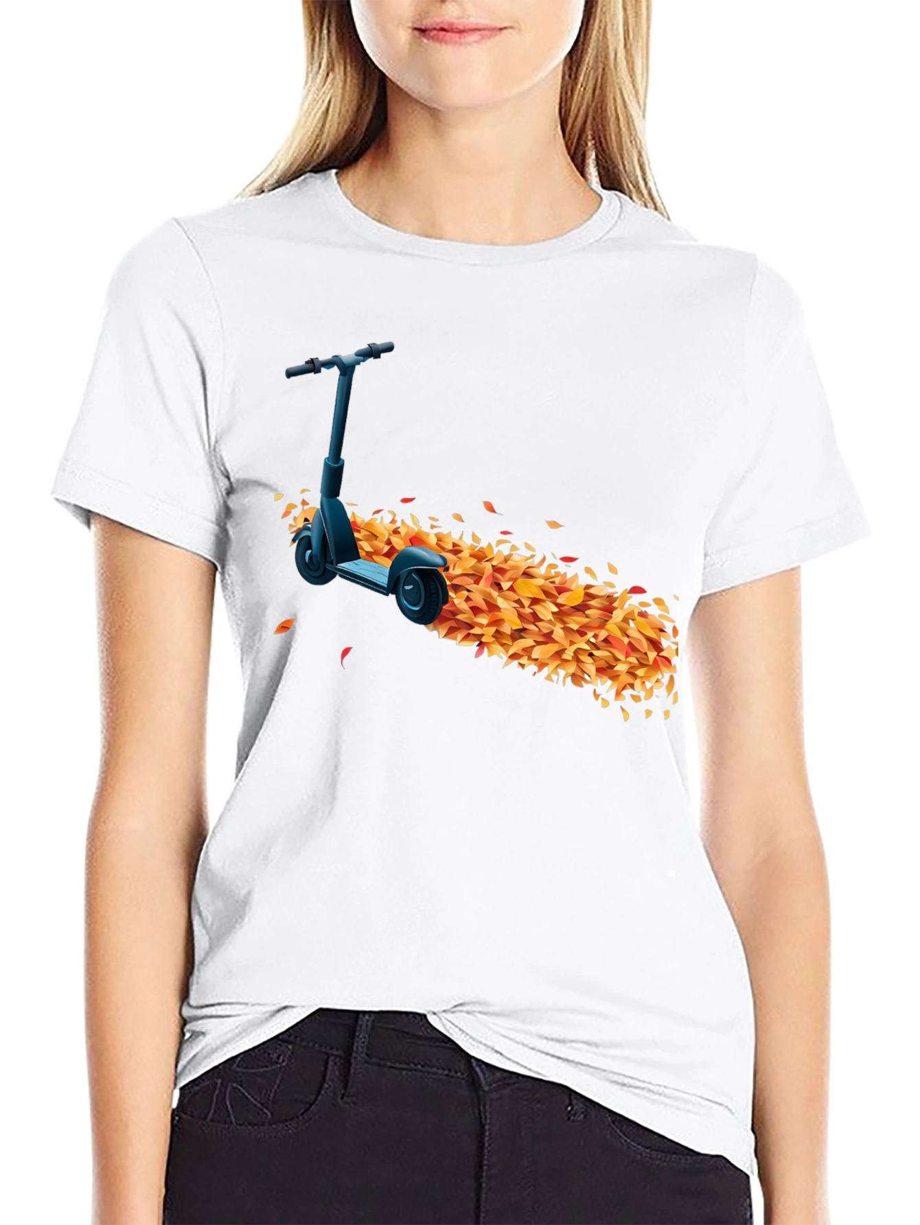 Stylish Black T-Shirt with Scooter & Leaves Design