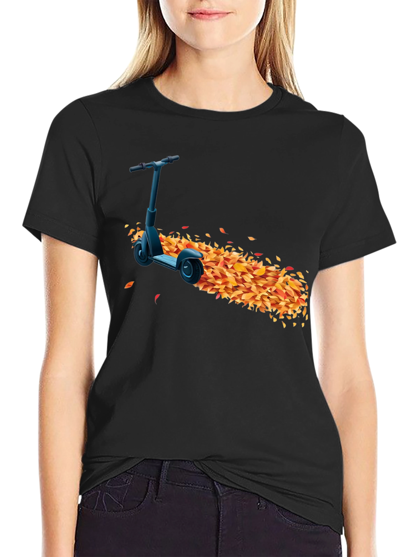 Stylish Black T-Shirt with Scooter & Leaves Design