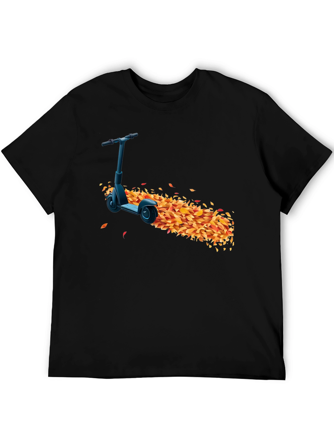 Stylish Black T-Shirt with Scooter & Leaves Design