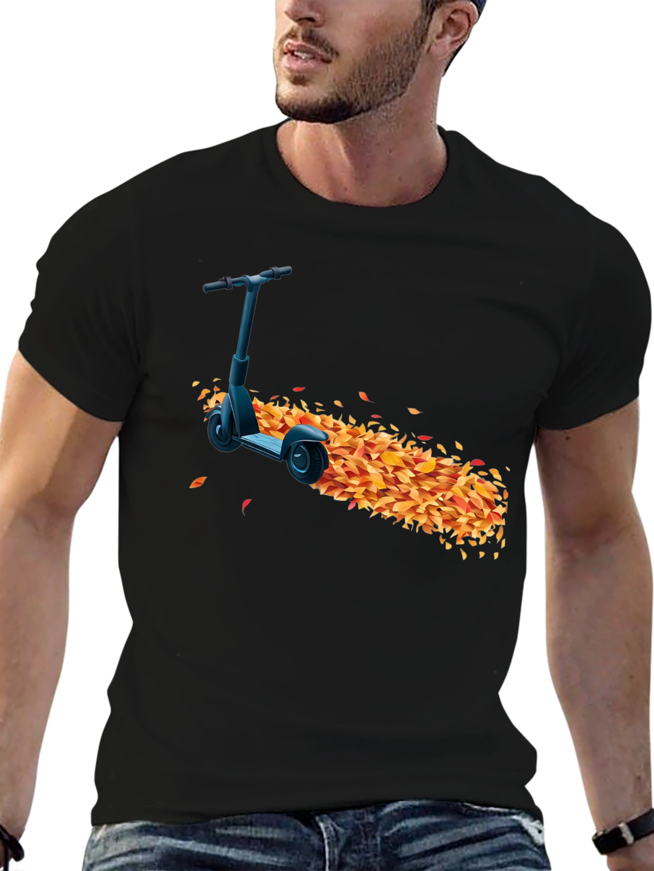 Stylish Black T-Shirt with Scooter & Leaves Design