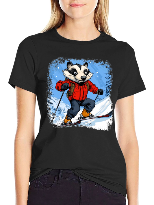 Skiing Badger Graphic Tee - Black Cotton Blend