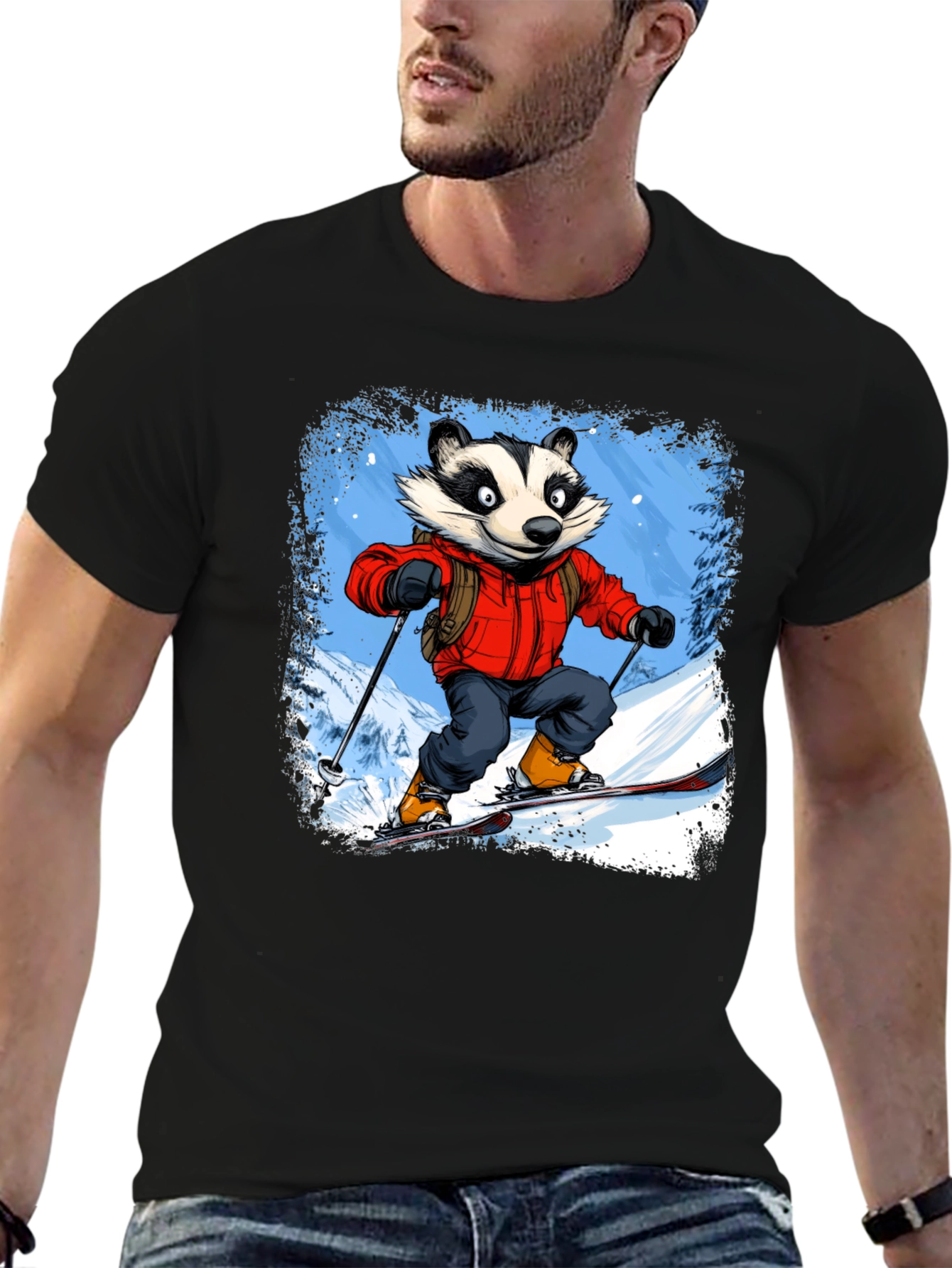 Skiing Badger Graphic Tee - Black Cotton Blend