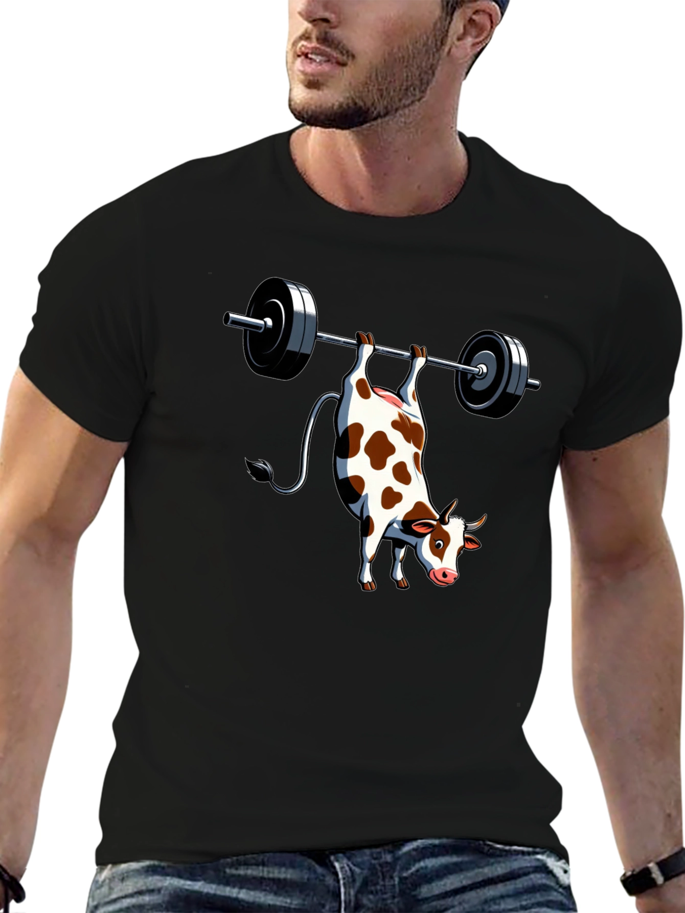 Funny Cow Weightlifting Black T-Shirt