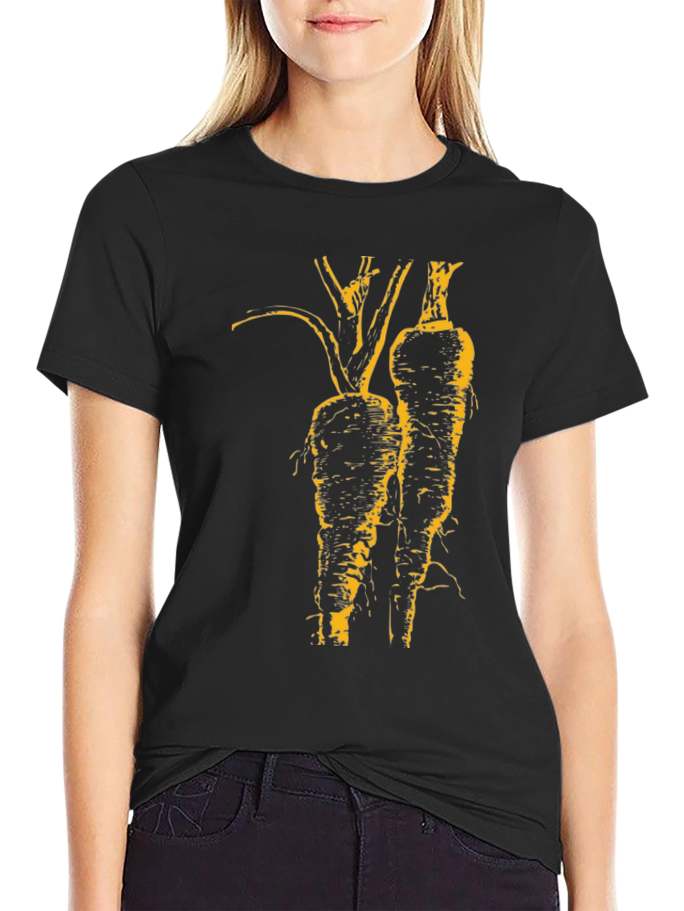 Unique Black T-Shirt with Artistic Yellow Root Vegetable Design