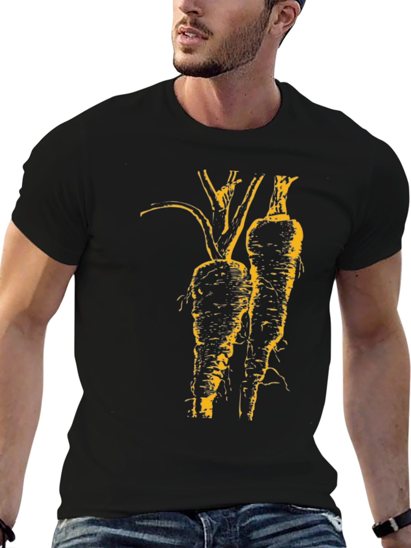 Unique Black T-Shirt with Artistic Yellow Root Vegetable Design