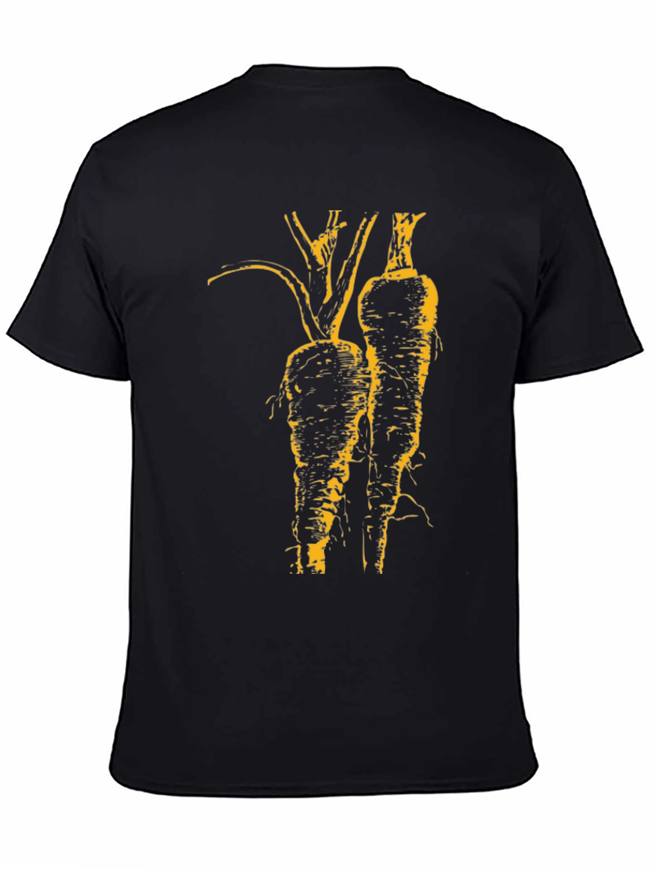 Unique Black T-Shirt with Artistic Yellow Root Vegetable Design