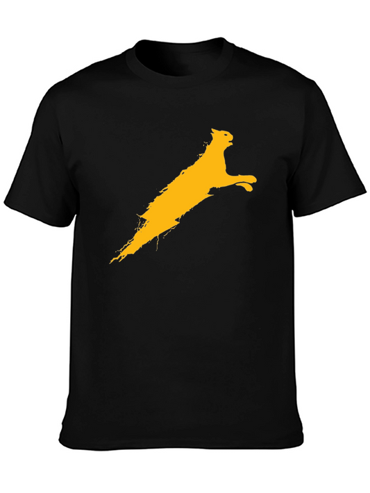 Black Tee with Gold Leaping Cat Graphic