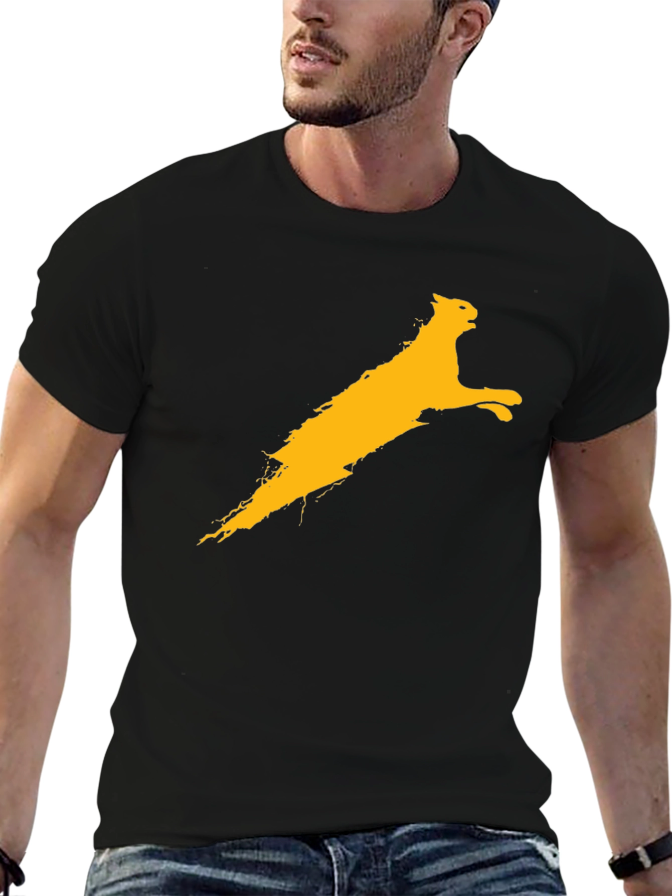 Black Tee with Gold Leaping Cat Graphic