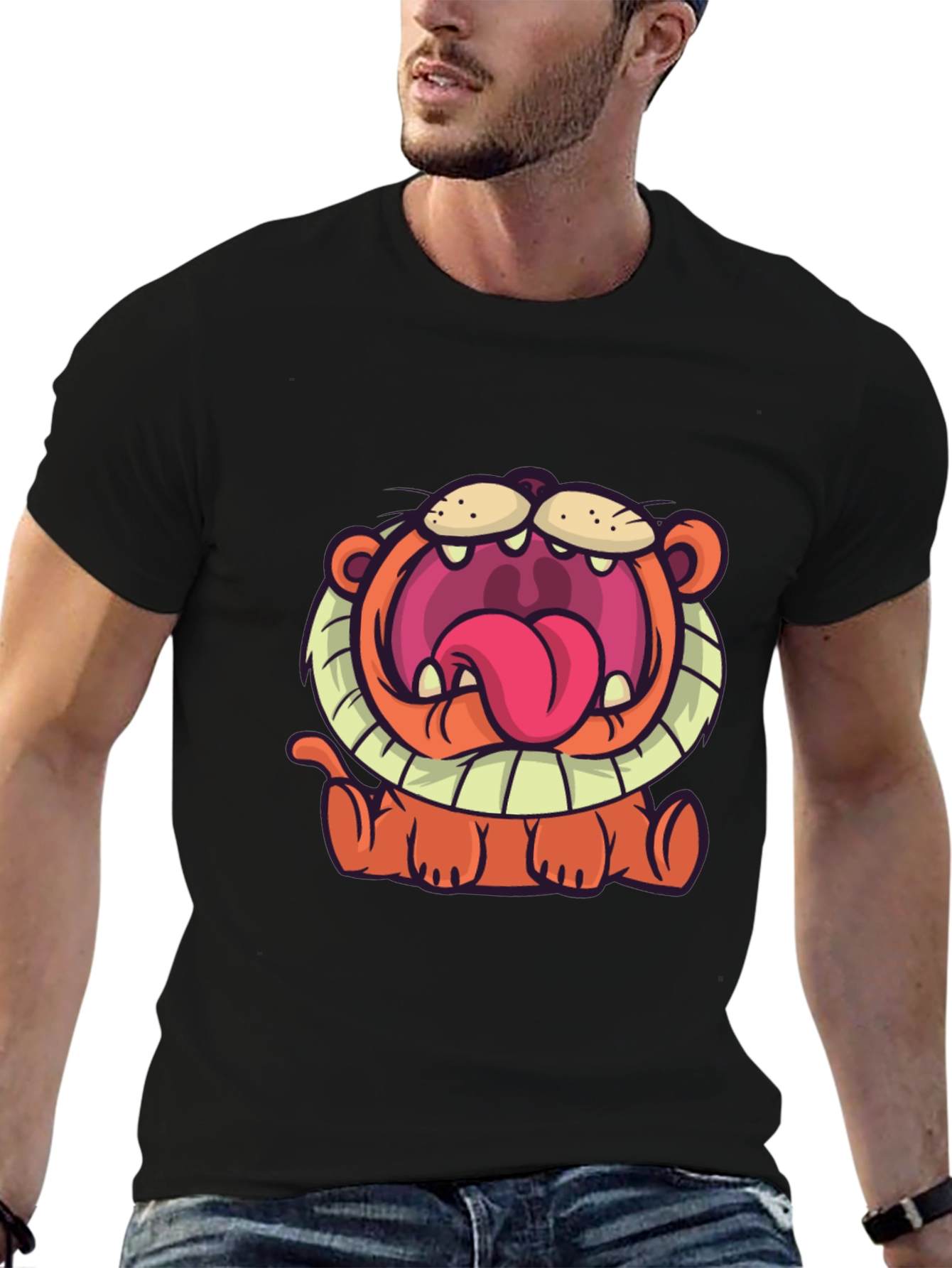Cartoon Lion Graphic T-Shirt - Unisex Black Tee