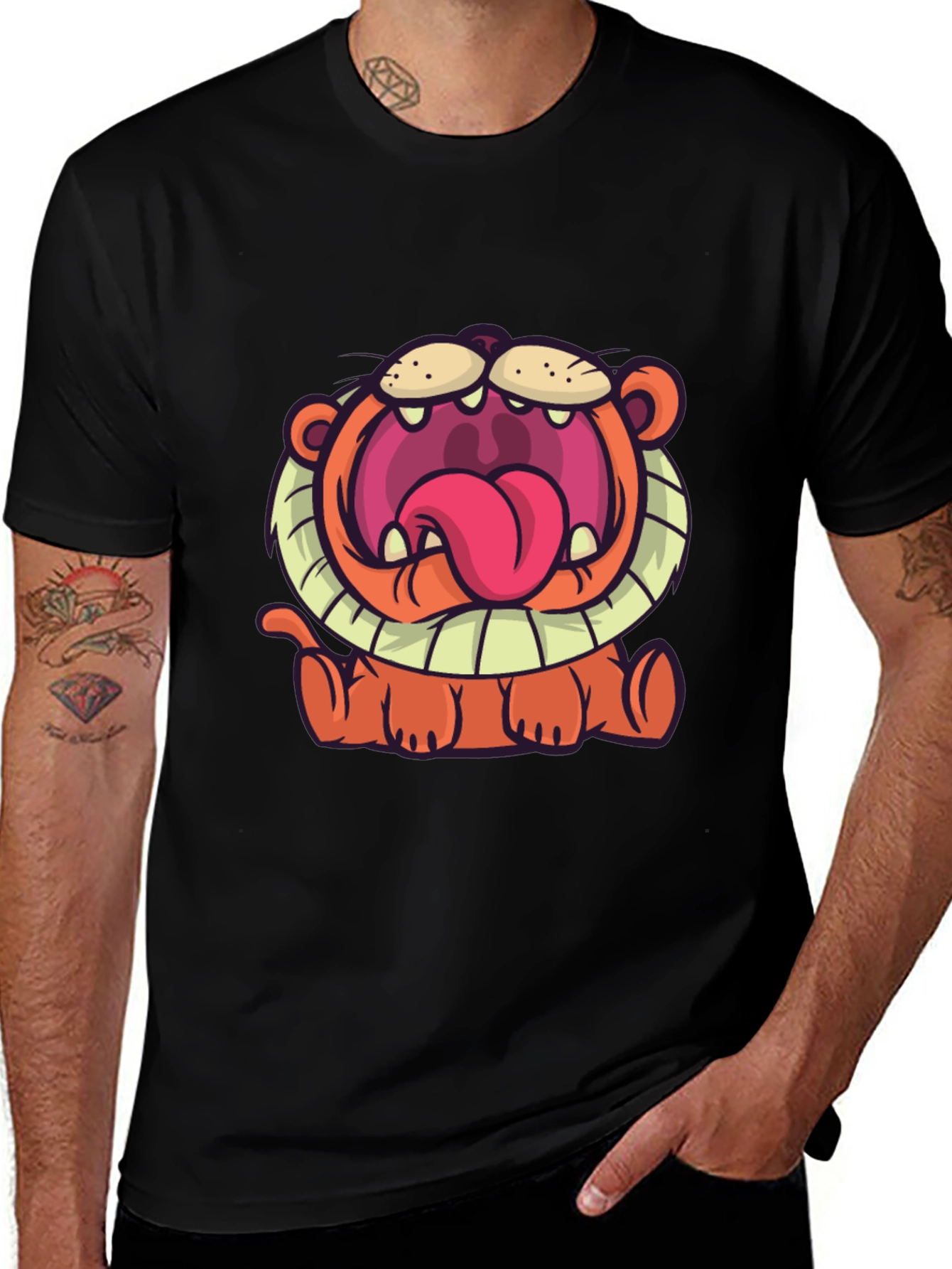 Cartoon Lion Graphic T-Shirt - Unisex Black Tee