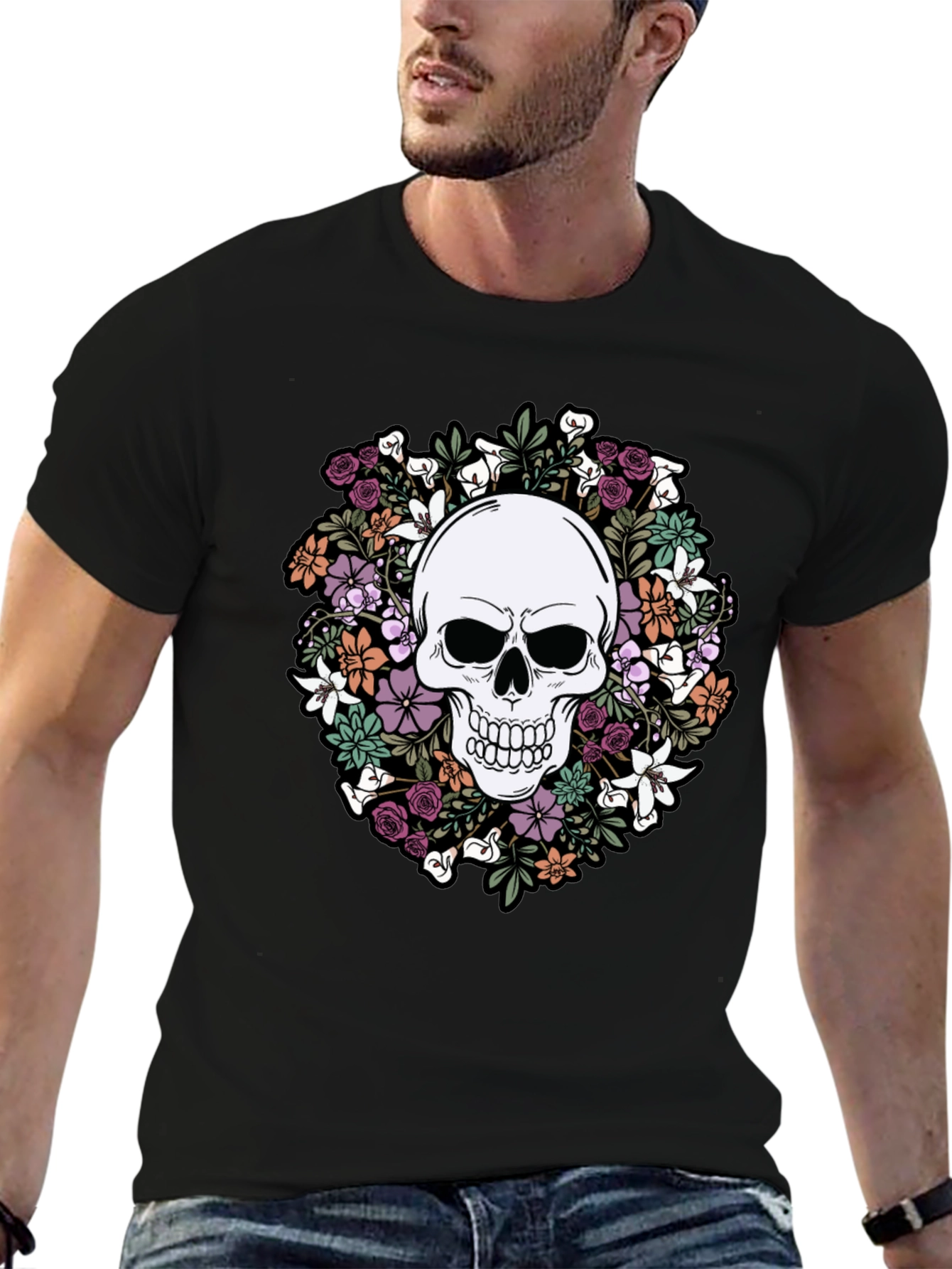 Floral Skull Graphic Tee - Stylish Mens T-Shirt