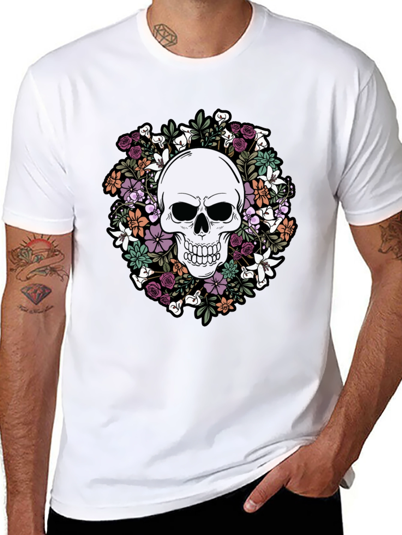 Floral Skull Graphic Tee - Stylish Mens T-Shirt