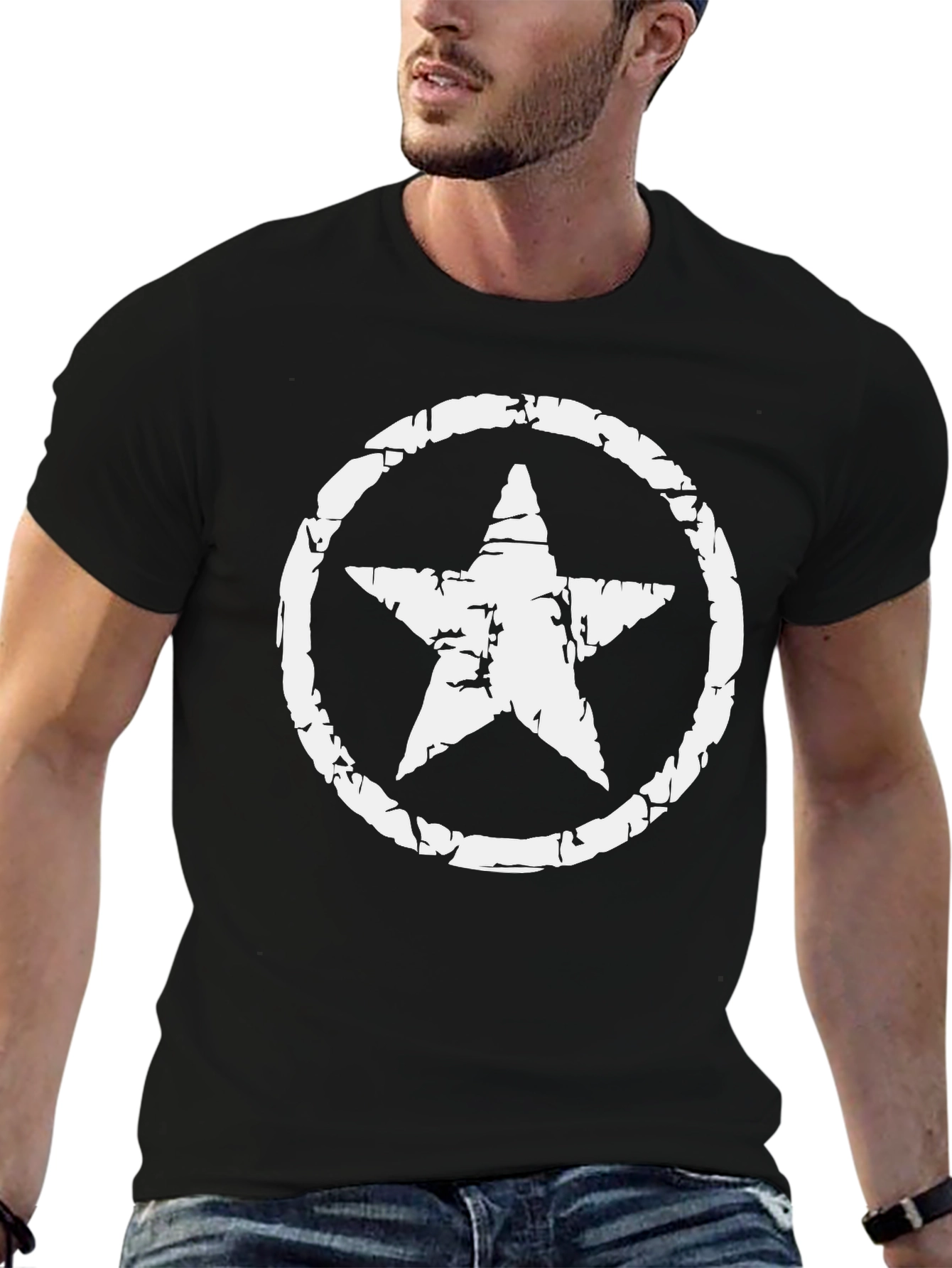 Distressed Star Graphic Tee - Black Cotton Blend