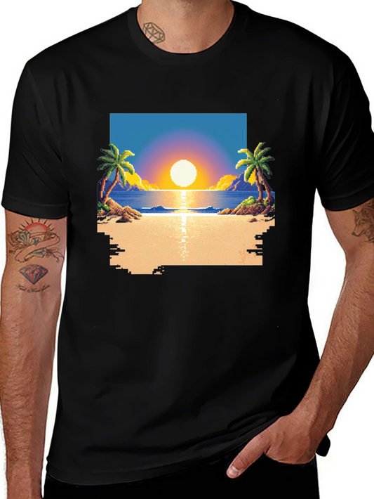 Pixel Sunset Beach T-Shirt - Retro Gaming Style