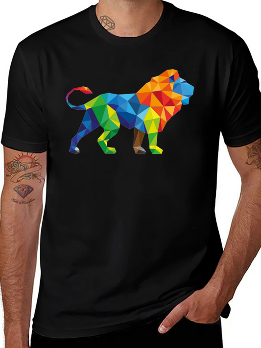 Geometric Lion Graphic Tee - Stylish Mens Black T-Shirt