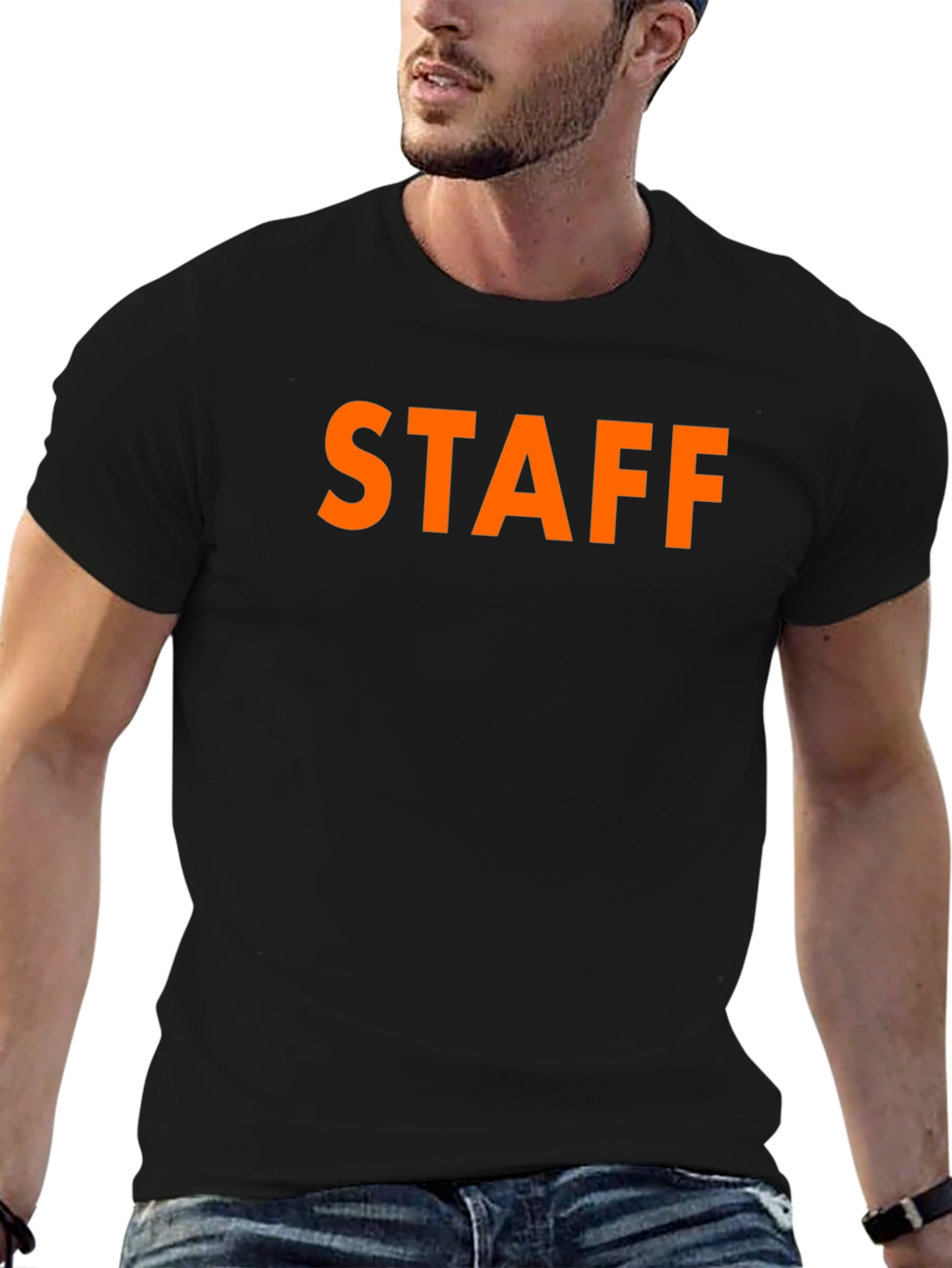 Black STAFF T-Shirt Crew Neck Casual Wear