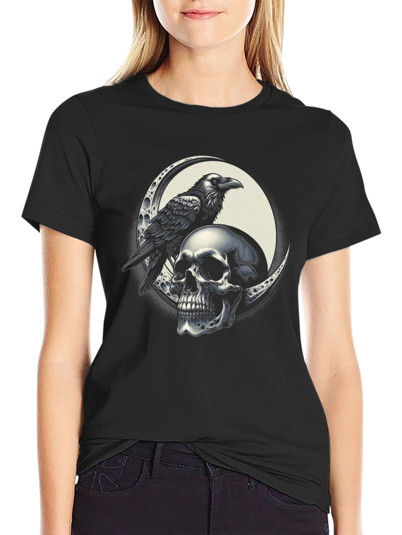 Raven Skull Graphic Tee - Black
