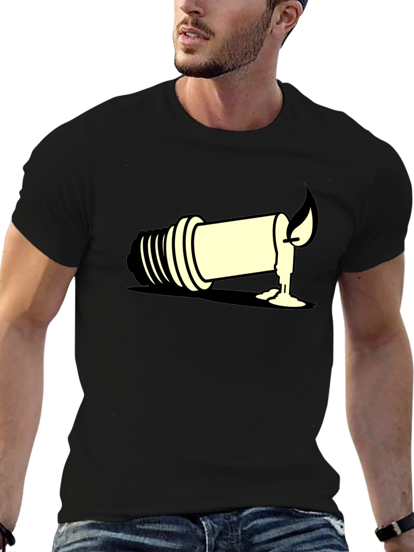 Unique Candle Light Bulb Graphic Tee - Black