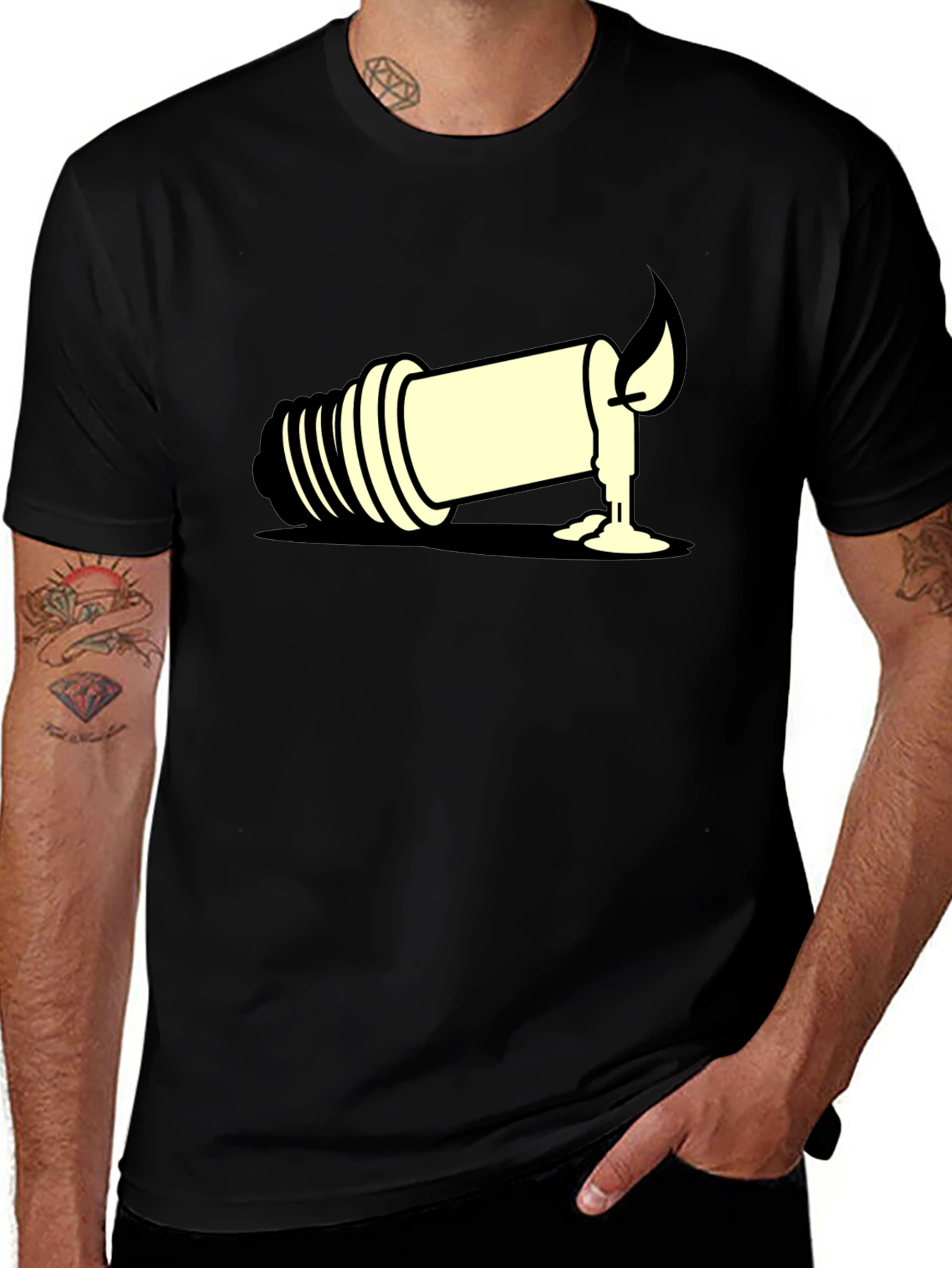 Unique Candle Light Bulb Graphic Tee - Black