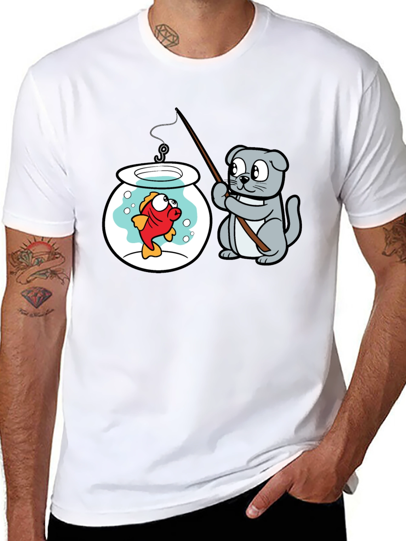 Cat Fishing Goldfish Graphic Tee