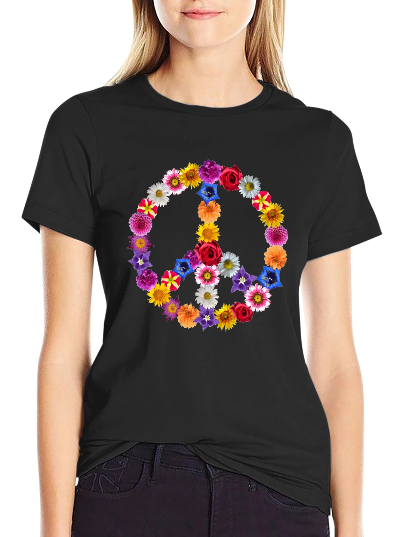 Floral Peace Sign Graphic Tee - Black