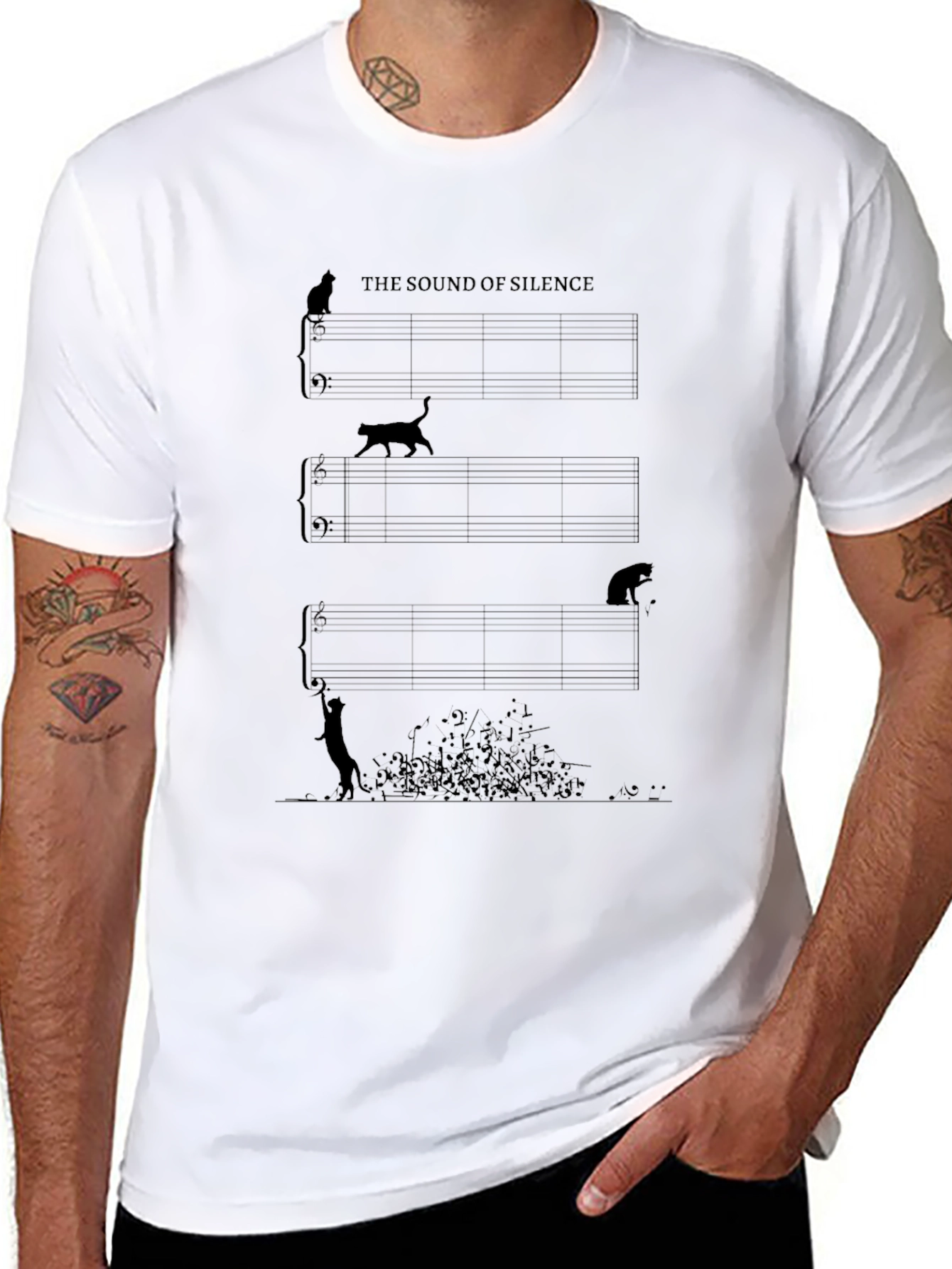 The Sound of Silence Cats Music Notes Black T-Shirt