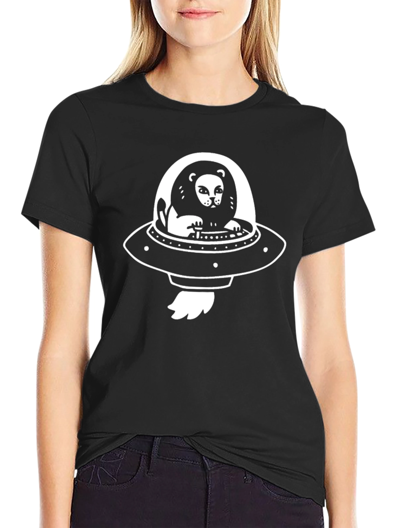 Lion in UFO T-Shirt - Black Cotton Graphic Tee
