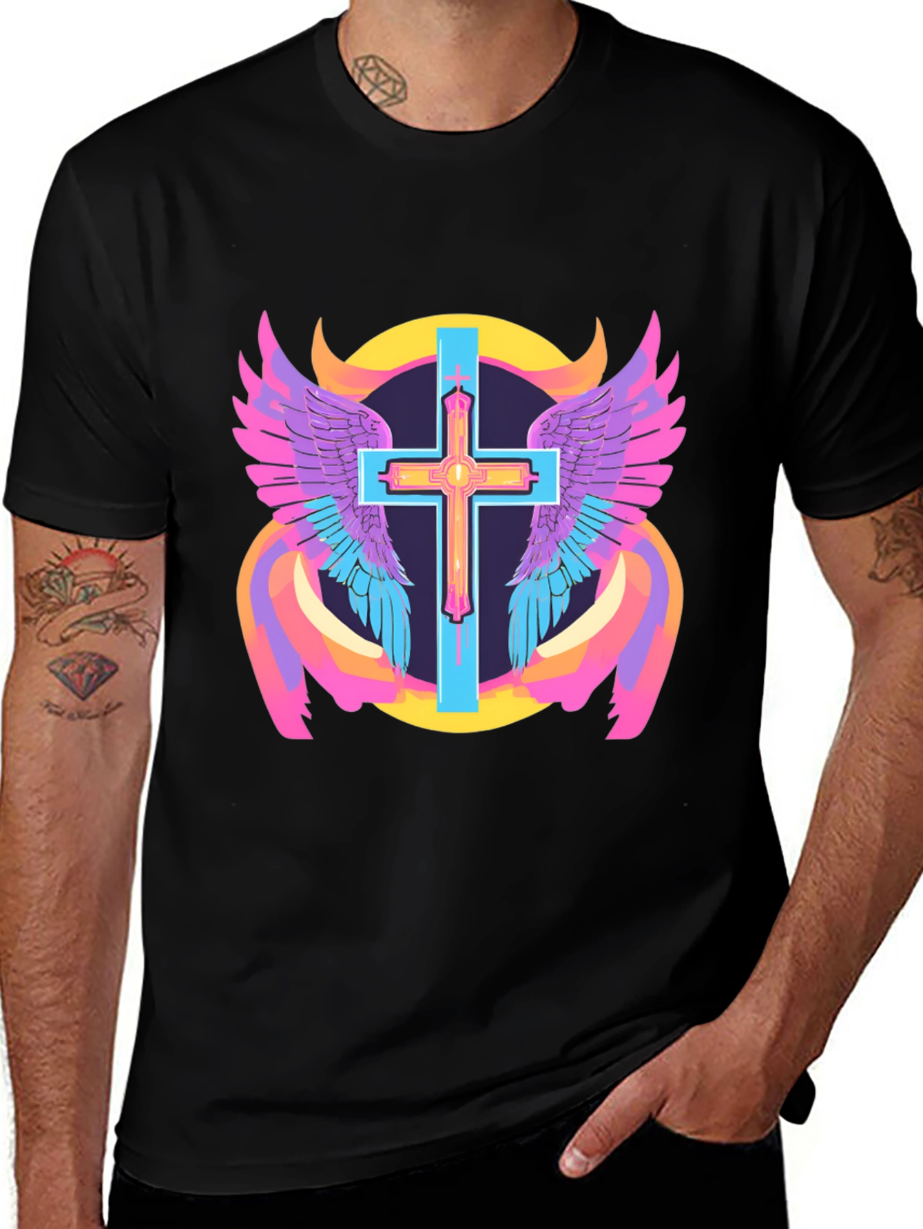 Winged Cross Graphic Tee - Black Cotton Blend