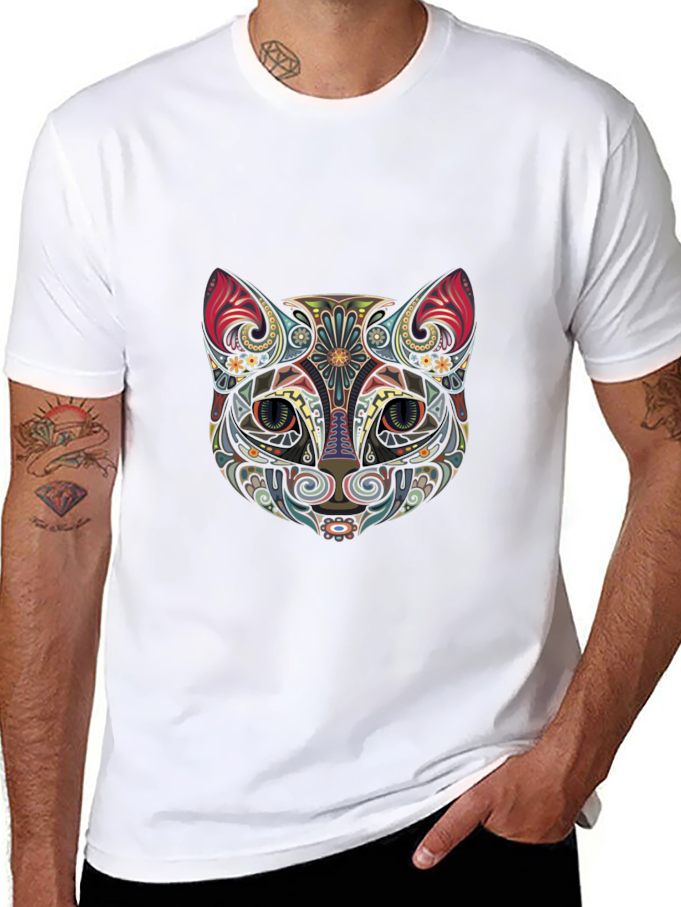 Abstract Cat Graphic Tee - Stylish Black T-Shirt