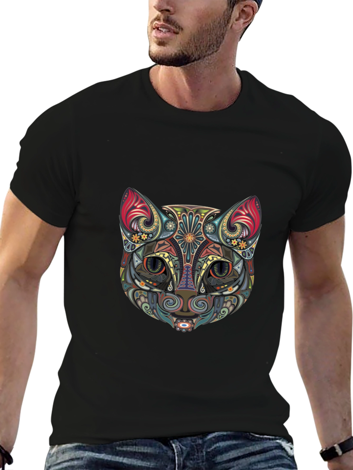 Abstract Cat Graphic Tee - Stylish Black T-Shirt