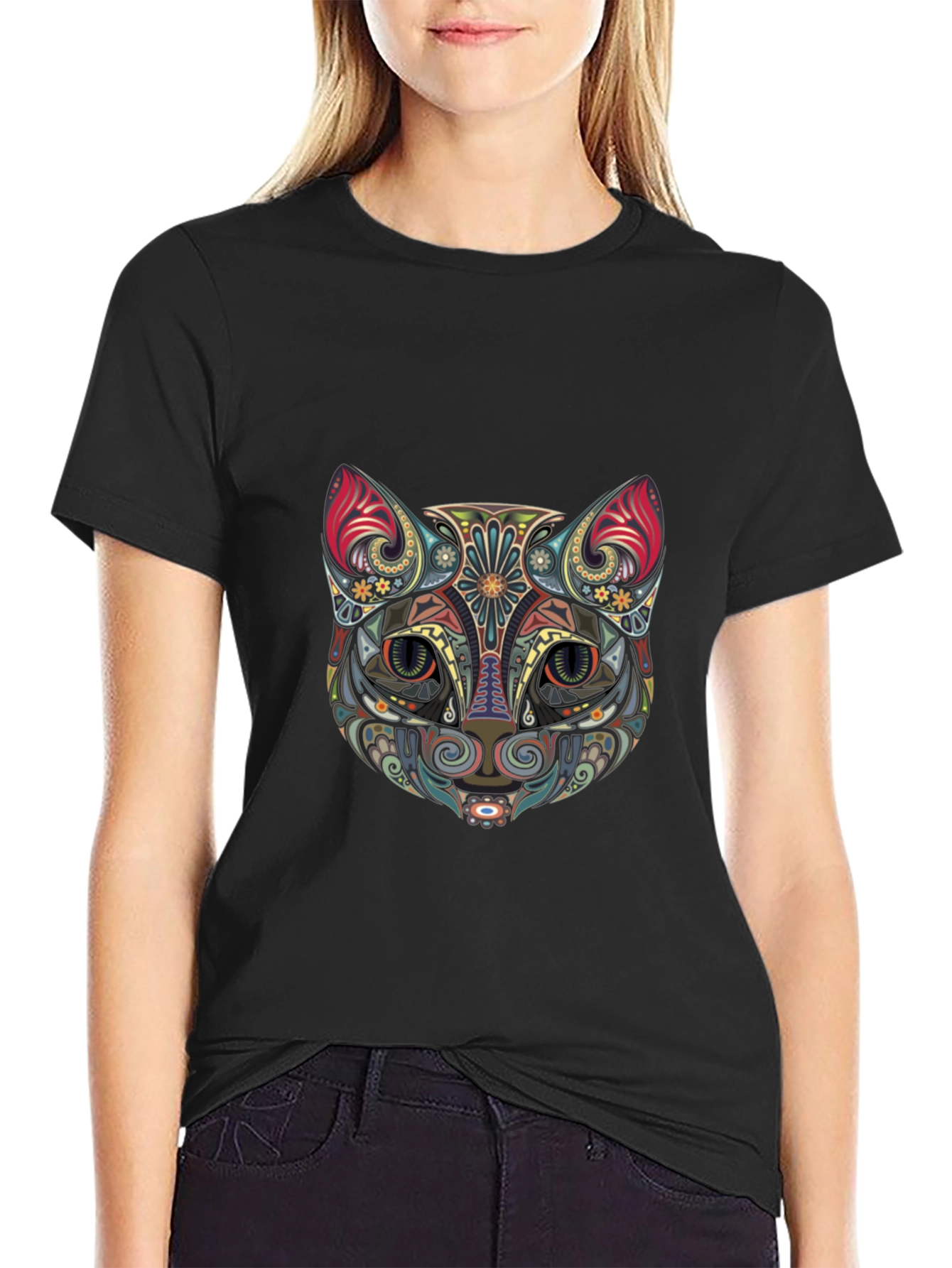 Abstract Cat Graphic Tee - Stylish Black T-Shirt