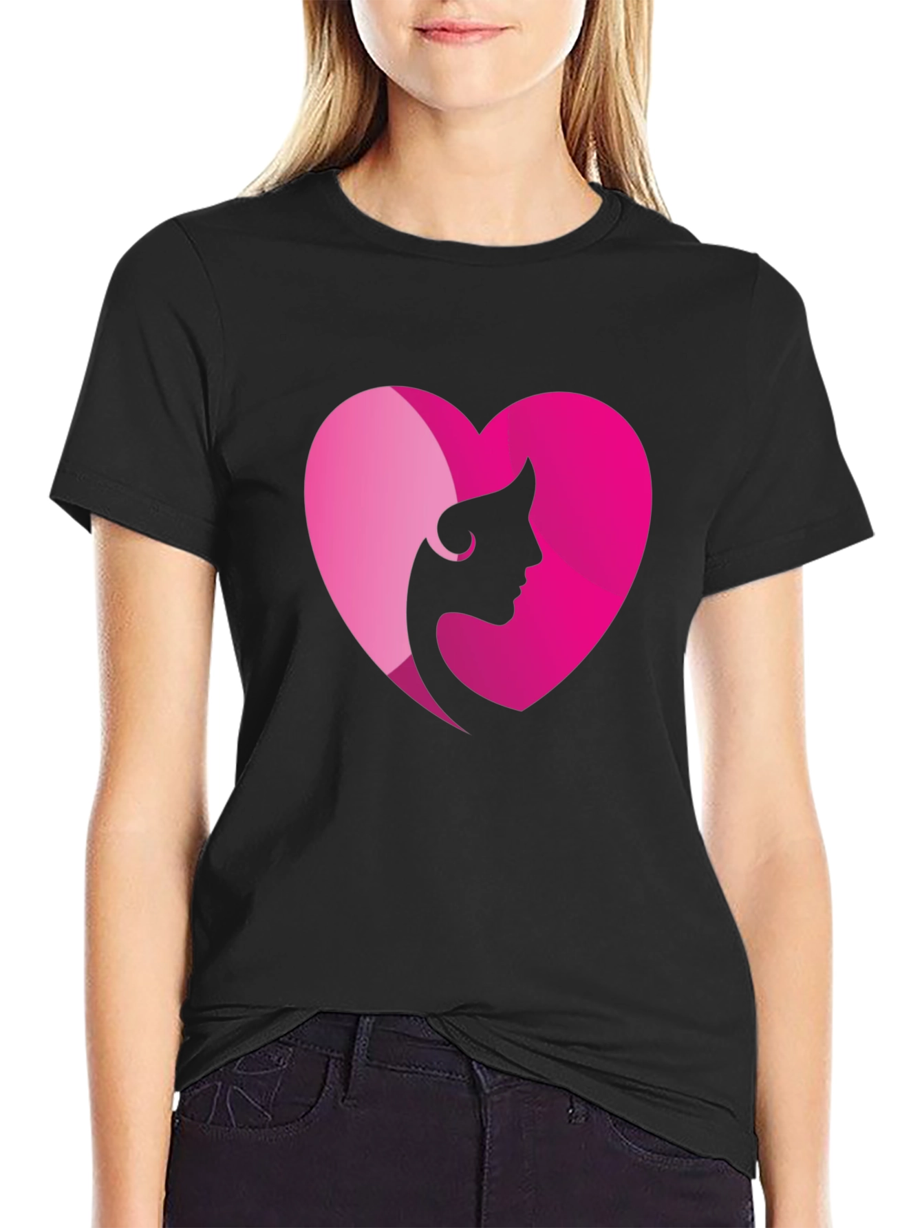 Heart Woman Silhouette Graphic Tee - Black Cotton