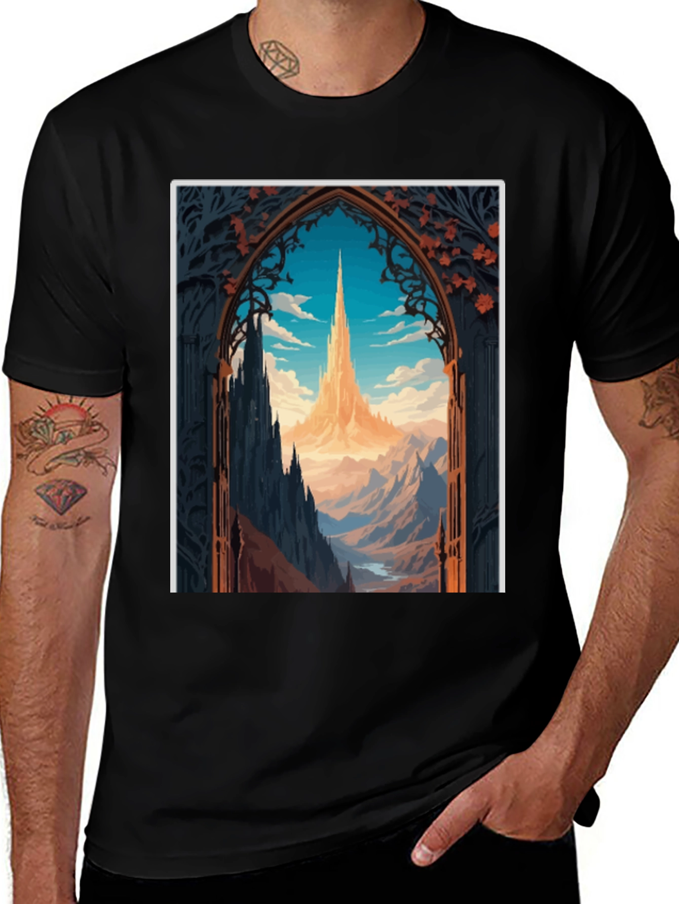 Fantasy Landscape Graphic Tee - Black Cotton