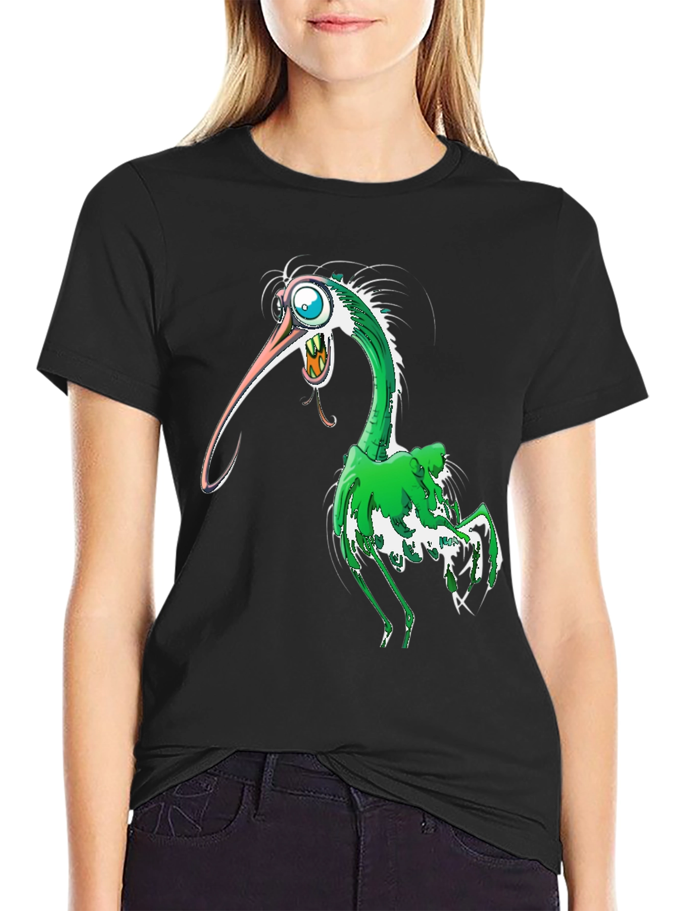 Cartoon Bird Graphic T-Shirt - Black